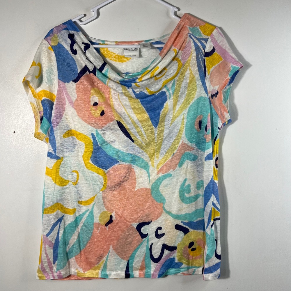 Rachel Zoe Linen Floral Cap Sleeve Tee Shirt L Pink Blue Yellow White